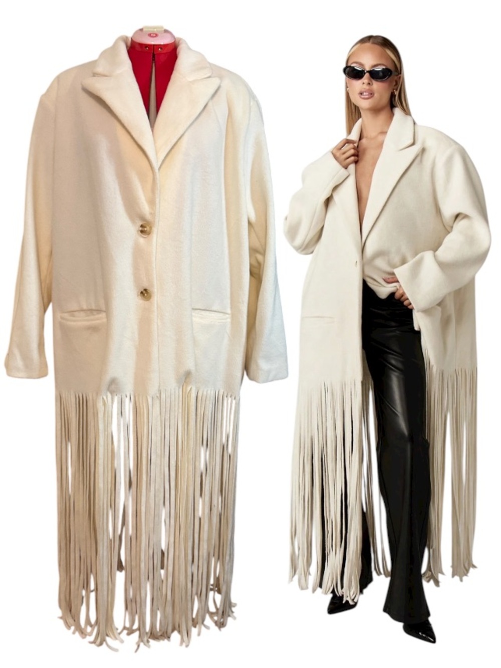 Missguided Oversized Wool Like Coat With Floor Length Fringe Detail Size Medium